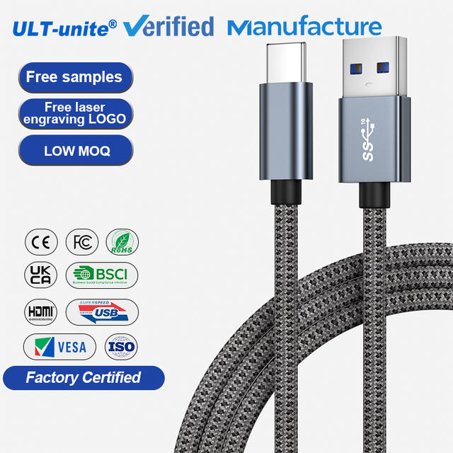 ULT-unite Custom Cable USB c a Usb c 2 m Flexible Cable USB a to USB c Cable 2 Meter Bulk Black Gray Color Support EU Certified