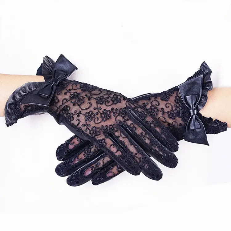 GLLS001 Spring New Lace Leather Gloves Women Dress with Gloves Temperament Long Velvet Leather Gloves