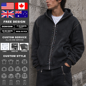 Custom Logo Solid Color Heavyweight Washed Hoodies 100% Cotton Sweatshirt Custom Streetwear Rhinestone Zip Hoodie - Product Image 2