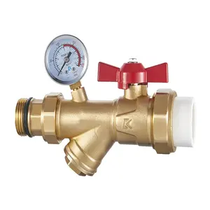 PTFE Tembaga Body1 Inch Union PPR Pria Thread Butterfly Water Blow Off Ventilasi Meter Y Filter Bola Mixing Valve dengan pressure Gauge