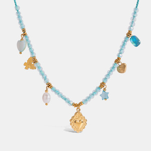 Chic Resort Style Heart Star Pendant Necklace With Freshwater Pearl And Gold Tone Charms For Party Wear - Product Image 1