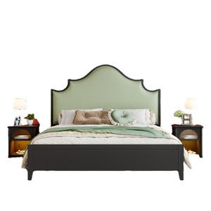Lit rembourré en bois massif, double, avec dossier haut, en tissu vert, meubles de chambre à coucher - Product Image 4