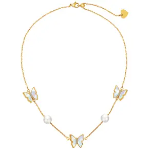 Großhandel Custom18K Gold Edelstahl Ewigkeit Runde Perle Muschel Anhänger Charm Choker Link Chian Schmetterling Halskette