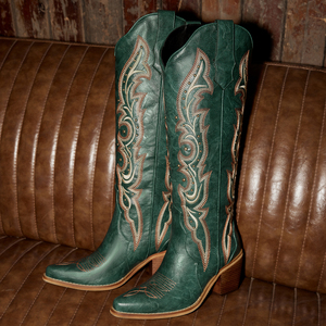 Stivali da Cowgirl WETKISS Taglia Grande 15 Stile Texas Western Vintage Verde Acqua con Punta Affusolata Ricamo Verde e Borchie - Product Image 5