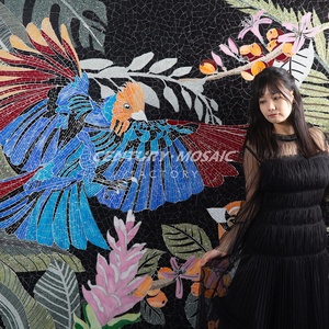 Mosaïque artistique murale en marbre avec fleurs et oiseaux colorés faits à la main, fabriquée en Thaïlande - Product Image 4