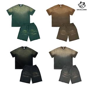 Pantaloncini da uomo in puro cotone, fatti a mano, con motivo tigre, tinta spray, lavaggio effetto vintage, stile americano, pesanti, a maniche corte, vestibilità ampia - Product Image 5