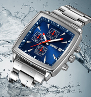 Montre à quartz pour homme OEM avec bracelet en acier inoxydable, cadran en verre, date, chronomètre, logo personnalisé, étanche 3 ATM, boîtier carré, montre tendance