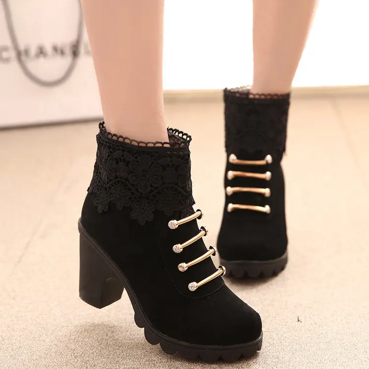 Women Ladies Fashion Leather British Style Solid Color Winter Women High Heel Boots Lace Rhinestone Shoes Boots