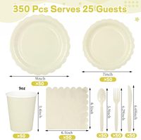 350 pièces de vaisselle jetable en papier ivoire, assiettes à dessert crème de 9 et 7 pouces, tasses de 9 oz, couverts, pour 50 invités, assiettes jetables beige festonnées