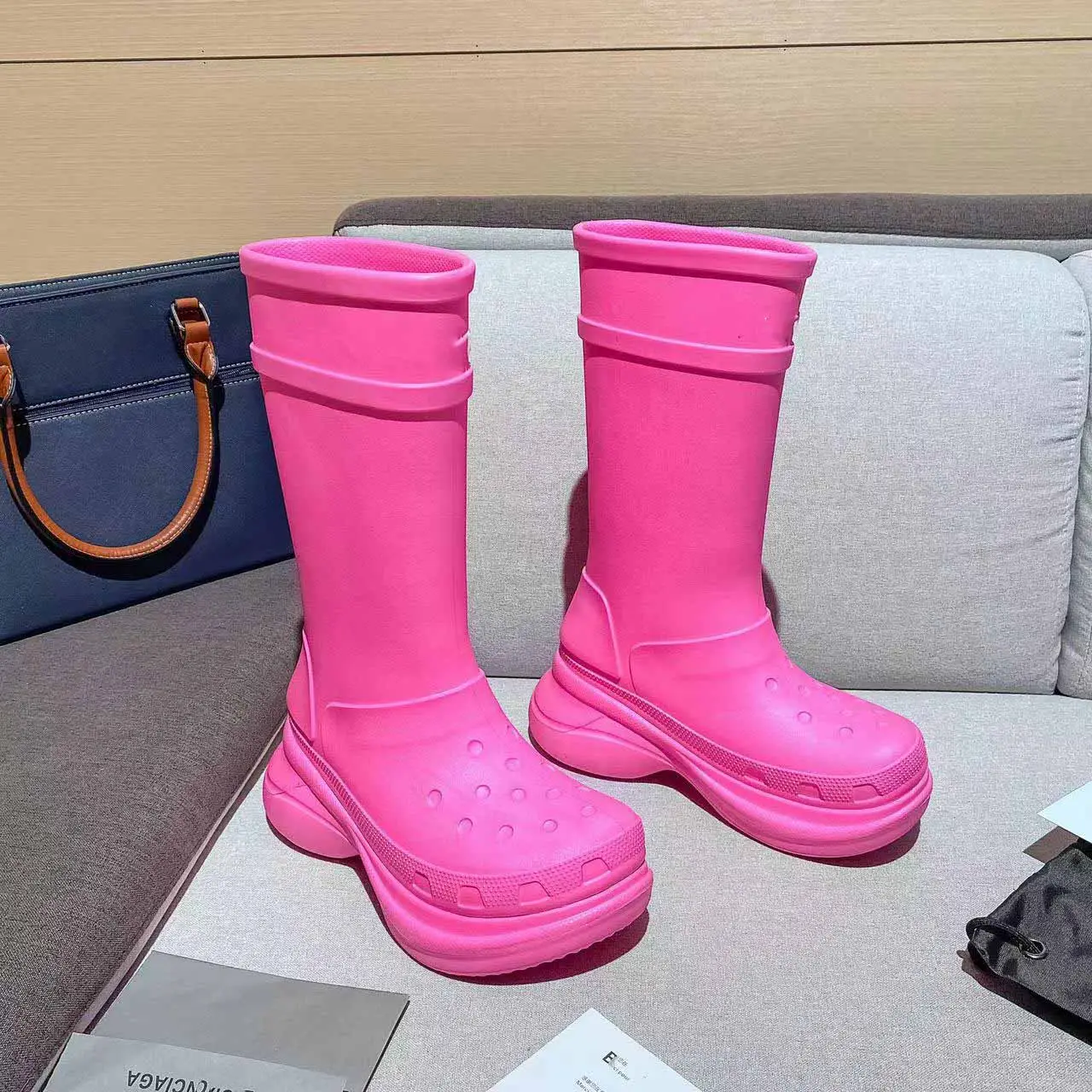Women's Designer Luxury Rubber Upper Long Booties Thick Sole 5.5cm Increasing Heels Knee High Boot Flat Platform Rain Boots