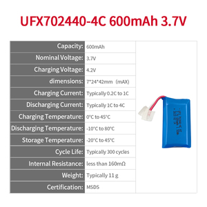Fabricant chinois de cellules Li-ion, batterie UFX 702440-4C 600mAh 3.7V rechargeable, cellule certifiée MASD, cathode LiCoO2 - Product Image 2