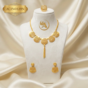 Conjunto de Collar y Pendientes de Latón Chapado en Oro de 24K con Cadena de Caja de Flores y Dije Geométrico, Estilo Dubái, Joyería Africana para Boda Nigeriana - Product Image 1