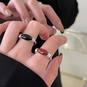Silver Ruitai S925 Sterling Silver Red And Black Enamel <b>Ring</b> For Women French Retro Style <b>Adjustable</b> Opening Everyday Wear - Product Image 1