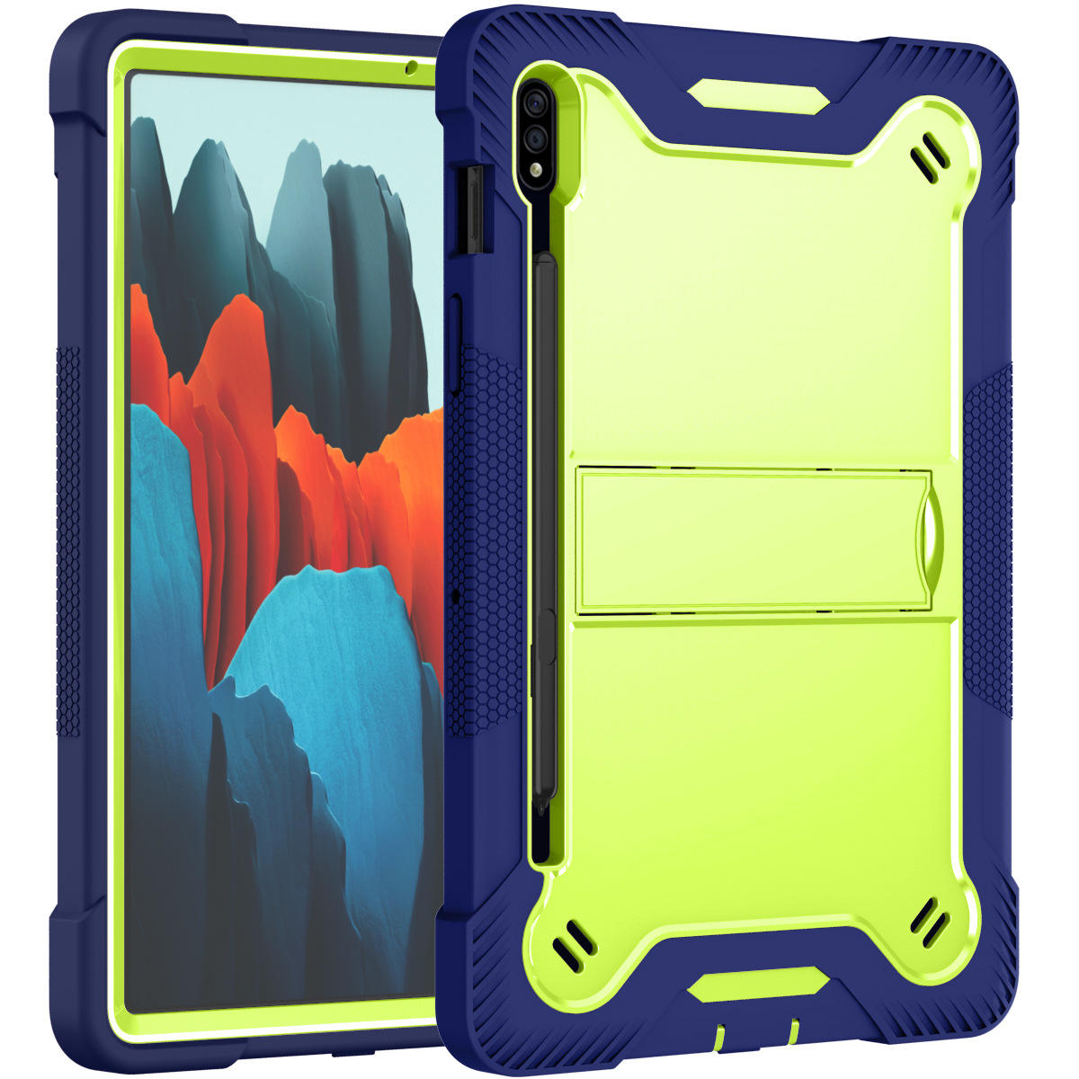 Azul marino con acentos amarillo verdoso