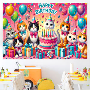 Toile de fond à thème <span class=keywords><strong>chat</strong></span> mignon, impressions de ballons de gâteau, toile de fond d'anniversaire, bannière pour la décoration de fête d'animaux de compagnie - Product Image 3