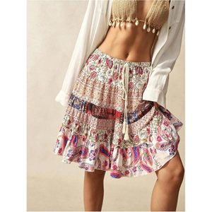 Women's <b>Boho</b> Paisley Short <b>Skirt</b> Tie Knot Flowy A Line Summer Vacation <b>Skirt</b> Cotton Bamboo Fiber Ruffles Breathable Asymmetric - Product Image 3