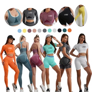 Gran oferta, ropa deportiva de punto sin costuras, Camiseta deportiva, pantalones cortos de motorista, conjuntos de mallas para glúteos, conjunto de Yoga de manga larga para mujer - Product Image 1