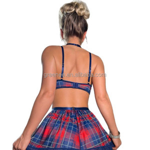 <span class=keywords><strong>Ensemble</strong></span> de lingerie sexy en dentelle pour femmes, motif écossais rouge et bleu, costume de cosplay d'étudiante, jeu de rôle, babydoll érotique, vente en gros - Product Image 5