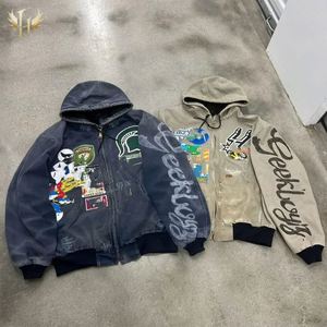 OEM Venta al por mayor Vintage Distress Parche bordado Lavado ácido Sun Faded 100% Algodón French Terry Chaqueta de gran tamaño Sudaderas con capucha - Product Image 1