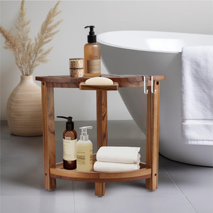 Sgabello Angolare da Doccia in Teak con Ripiano Portaoggetti e Portasapone, Poggiapiedi e Panchina in Legno per <span class=keywords><strong>Bagno</strong></span> Domestico - Product Image 2