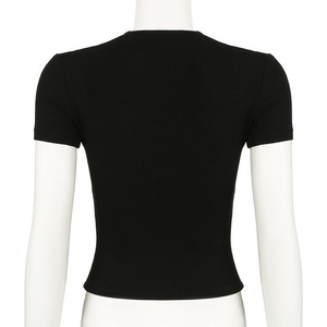 T-shirt court noir côtelé pour femme avec dentelle et détail nœud sexy – Tendance - Product Image 6