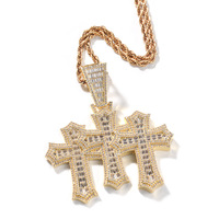 Mode nouveau diamant hip hop hommes rappeur classique glacé cz baguette carré zircon triple croix pendentif collier