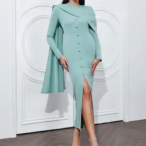 女性のライトブルーのファッションエレガントなイブニング新しいデザインシングルブレストスリットボディコンロング包帯ドレス