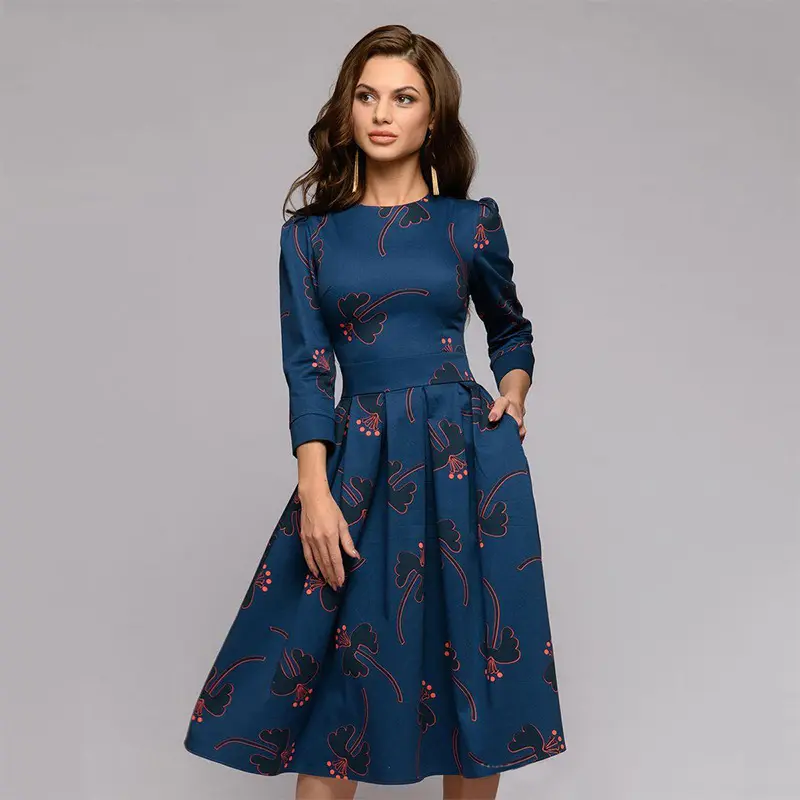 Womens clothing floral cocktail vintage midi evening dress 3/4 sleeves