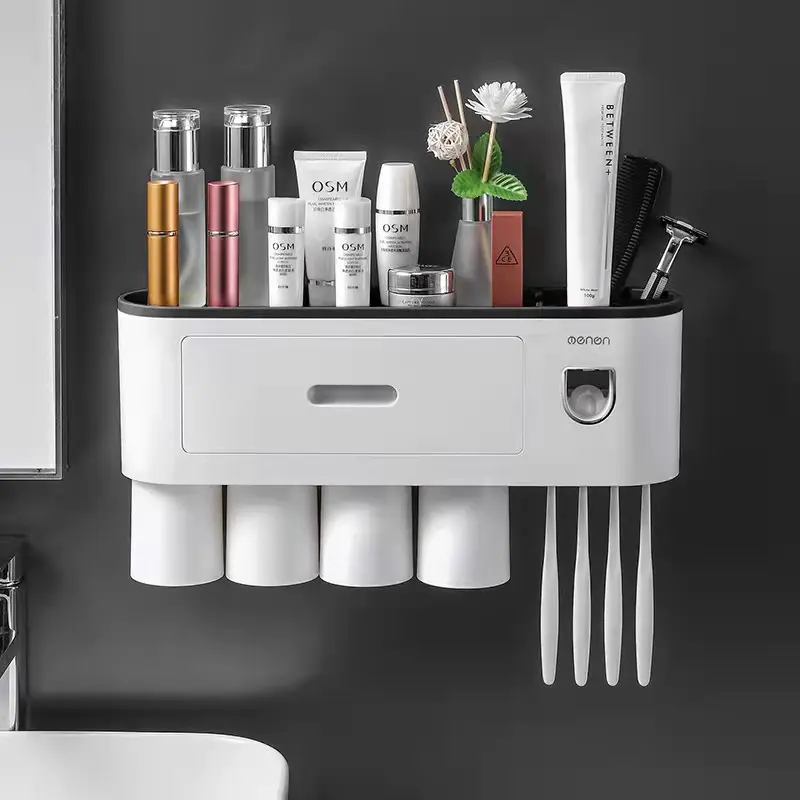 Magnetic Toothbrush Holder with Toothpaste Squeezer with Cups for 2/3/4/5 Persons in Bathroom Storage Rack Nail Free Mount