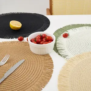 Round Woven Paper Placemats Conjunto de 6 trançado 15 polegadas Indoor Outdoor Place Mats para mesas de jantar Natural Farmhouse Rustic Heat