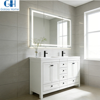 Meuble de salle de bain en laque blanche avec double vasque en quartz, 48 pouces, miroir LED, luxe moderne, mural