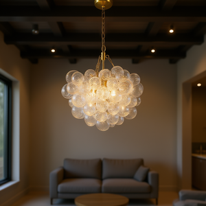 Gold Pendant <b>Light</b> Chandelier 20 Inch Clear Glass Globe Shade Adjustable Height For Living Room <b>Dining</b> Room Kitchen - Product Image 2