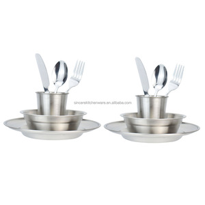 Set Kit Mess berkemah portabel baja tahan karat, peralatan makan cangkir bir mangkuk sup dengan tas jinjing - Product Image 2