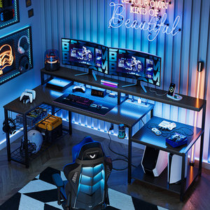 AJUNION L Shaped Gaming Desk with Monitor Shelf RGB LED Lights Power Outlets Storage Racks <strong>and</strong> Computer Table Gaming <strong>Setup</strong> - Product Image 1
