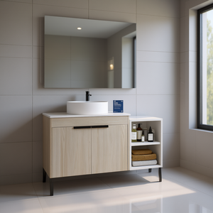 Meuble de salle de bain moderne 42 pouces avec vasque en céramique, plateau en pierre, porte à fermeture douce, étagères de rangement, rectangulaire, sur pied - Product Image 2