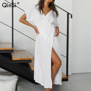 QINSI autunno bianco cotone <span class=keywords><strong>donna</strong></span> abito <span class=keywords><strong>da</strong></span> <span class=keywords><strong>notte</strong></span> Sexy con scollo a V maniche corte pizzo lungo camicia <span class=keywords><strong>da</strong></span> <span class=keywords><strong>notte</strong></span> Casual ampia <span class=keywords><strong>vestaglia</strong></span> <span class=keywords><strong>da</strong></span> <span class=keywords><strong>donna</strong></span> - Product Image 1