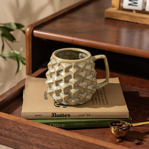 Tasse à café rétro en céramique cuite au four avec anse, motif montagne et mer en forme de losange, pour la maison, le bureau et les restaurants - Product Image 4