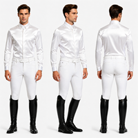 Chemise d'équitation blanche en satin pour homme, col rigide, patte de boutonnage cachée, empiècement en maille, manches longues, légère et respirante