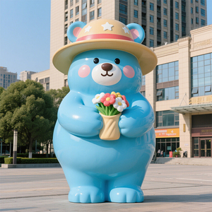 Blue <b>Bear</b> Statue Holding <b>Flower</b> Bouquet Sculptural Fiberglass Decoration Custom Architectural Mesh For Building Exteriors - Product Image 1