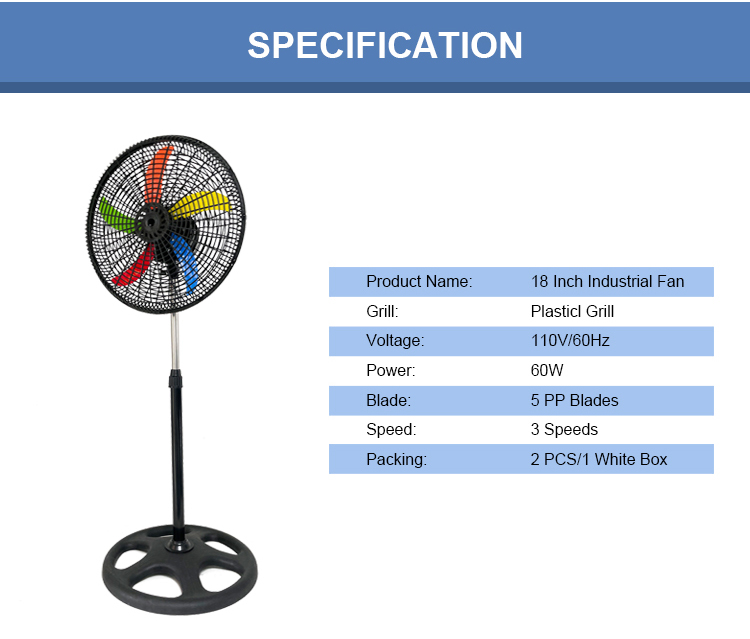 2022 hot  sale south America  18 inch industrial stand  fan  with  5 pp  colour  blade