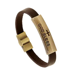 Uomini Religione Dell'annata del braccialetto Dei Monili Christian <span class=keywords><strong>Dio</strong></span> Vi <span class=keywords><strong>benedica</strong></span> Lettera Braccialetto di Cuoio Croce con Logo Personalizzato Inciso - Product Image 1