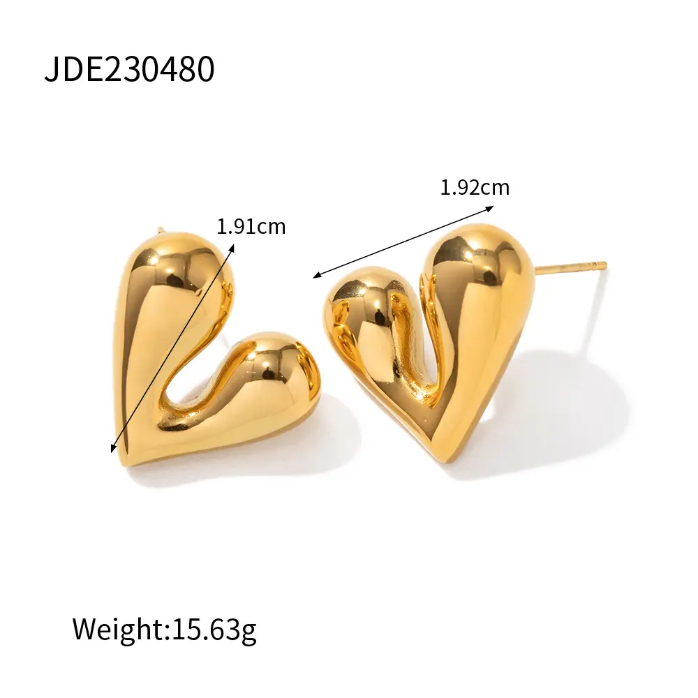 Fashion Hypoallergenic Design Statement 18k Gold Plated Chunky Heart Charms Stud Earrings for Women Girl