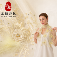 Écharpe élégante en broderie florale ivoire avec strass et plumes, châle de mariée de luxe, hijab musulman, pour mariage et fête