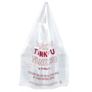 Sacs en HDPE pour T-shirts, personnalisables avec logo, blancs et rouges, imprimés 'Thank You Have A Nice Day', recyclables, pour la vente en gros, la vente au détail, les plats à emporter et l'emballage alimentaire - Product Image 1