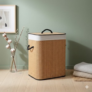 Bamboo Woven <b>Storage</b> <b>Basket</b> With Lid Rectangle Cotton Fabric Portable Clothing Organizer For Laundry And Toys - Product Image 3