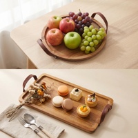 Plateau de service en bois massif avec poignée en cuir, durable, écologique, compatible lave-vaisselle, non toxique, style classique