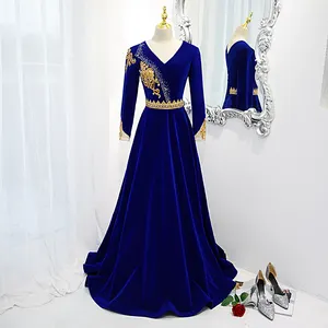 High Quality Floor Length Royal Blue V-neck Women's Dress with Gold Flower Lace Beaded A-line Evening Party Gown for Women