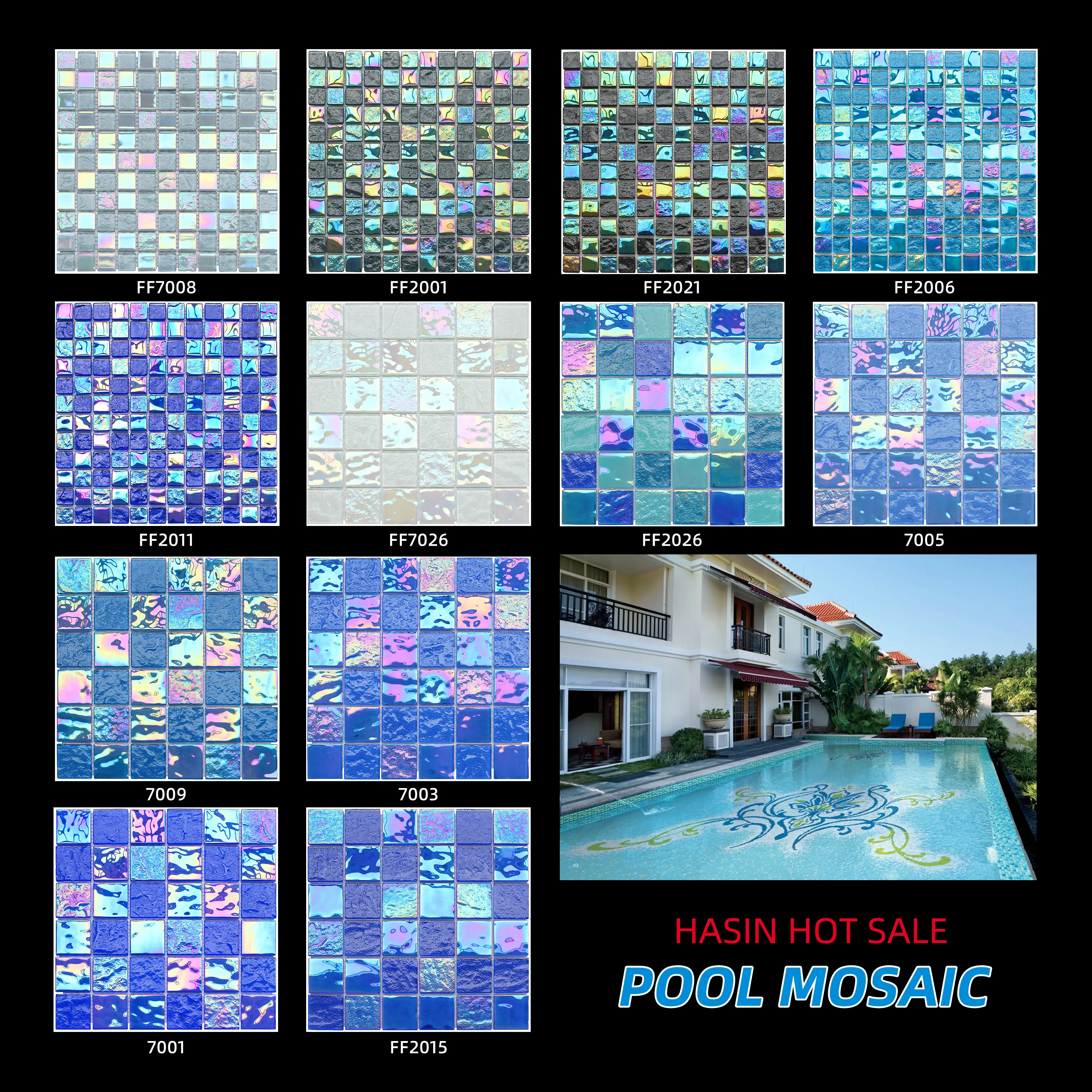 Foshan colorido piscina mosaico 300x300mm vidro azul piscina ao ar livre mosaico