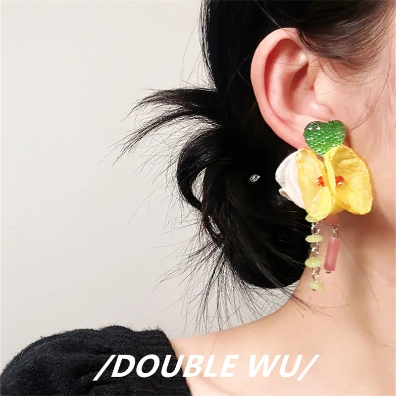 C&J Original Rose Red Flowers Exaggerated Color Green Jade Mosaic Yellow Icing Heart Fashion Fine Jewely Earrings