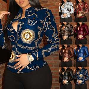 Blusa <span class=keywords><strong>de</strong></span> manga larga para mujer, Cuello <span class=keywords><strong>de</strong></span> camisa <span class=keywords><strong>de</strong></span> cuero PU elástico ajustado para primavera y otoño con cuello en V - Product Image 5